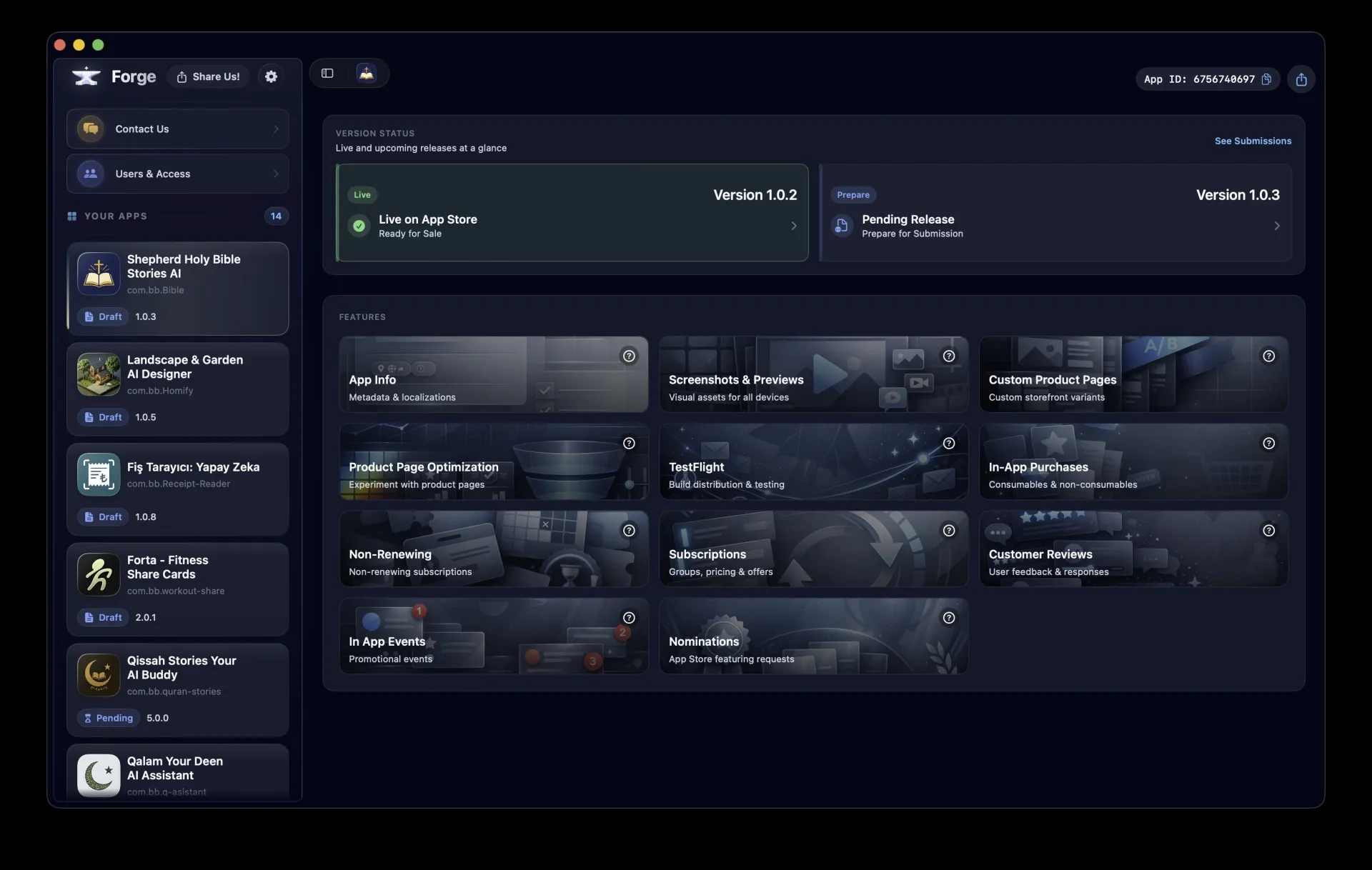 Forge app dashboard showing all your apps, versions, and statuses in one unified view